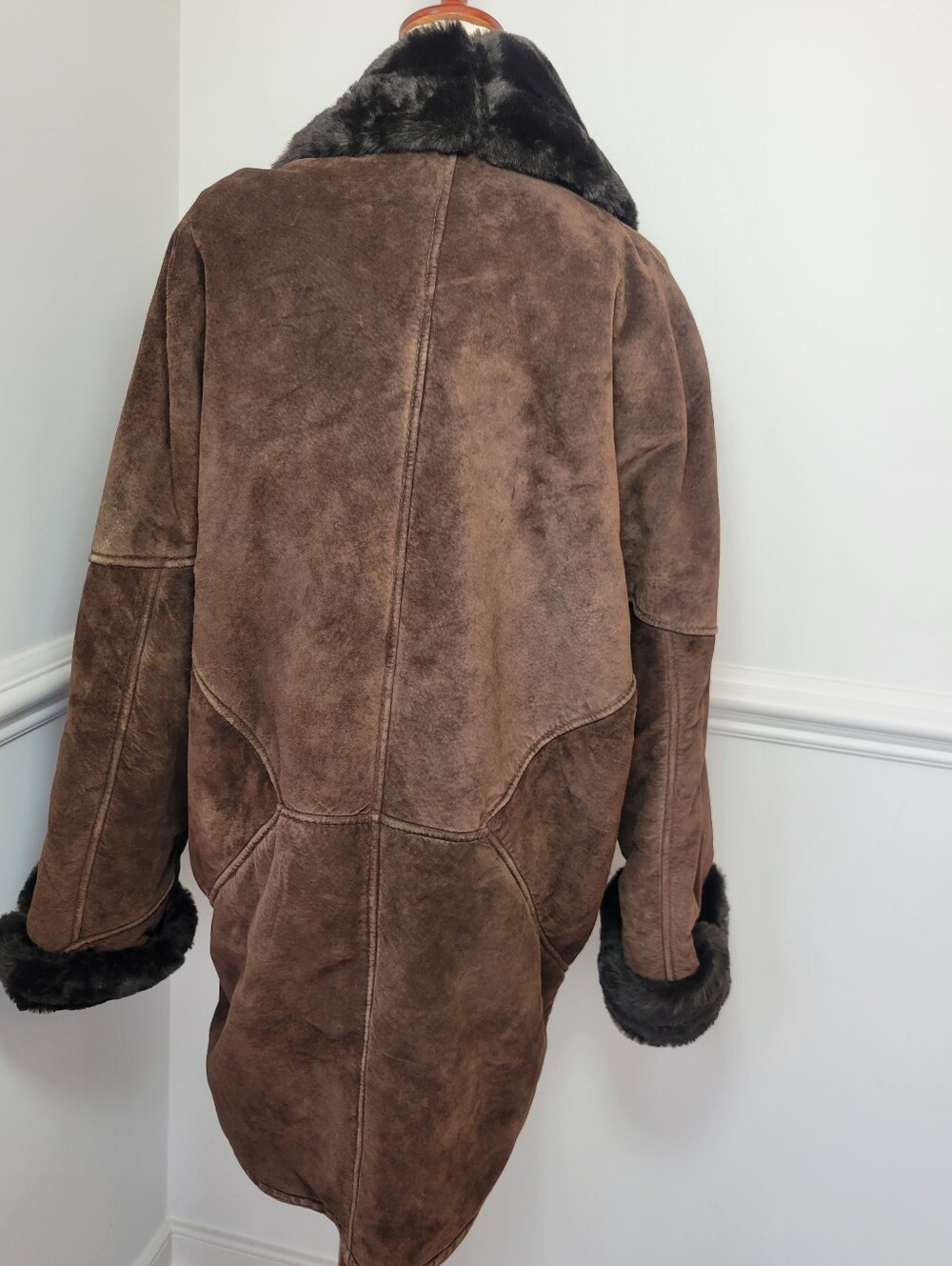 Vintage The Flight Club Brown Suede Faux Fur Oversized Statement Coat M - Picture 5 of 15
